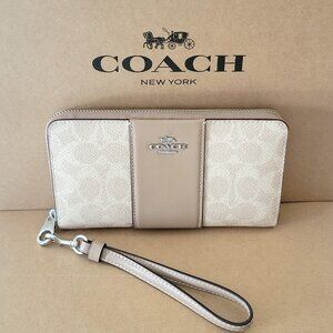 Coach CW947 Long Zip Around Wallet Signature Stripe Clutch Wristlet Sand Taupe